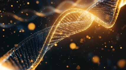 Data processing visualization over a DNA strand with luminous particles on a black background, data processing over dna strand on black background - Powered by Adobe