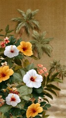 Obraz premium Tropical floral design with hibiscus flowers and palm trees in vibrant yellow and white hues