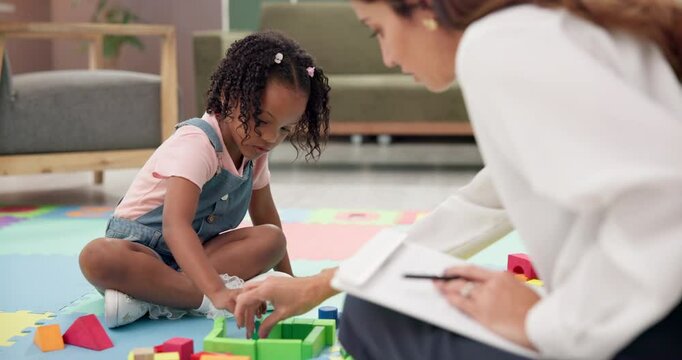 Woman, child and psychology games for counselling in therapy, creative learning or assessment of growth. Girl kid, problem solving or psychologist teaching with support, checklist and building blocks