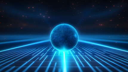 Obraz premium A data storage and transfer system that moves information across various locations. Data and information in the online world or internet system. Ball on a glowing blue line.