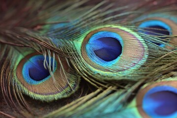 Fototapeta premium Bright peacock feathers in decorative background style 