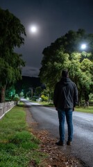 Obraz premium Man Stands on Rural Road Observing Moonlit Sky and Landscape at Night, Calm Perspective