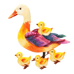 3d clay art mother's day sticker, mother duck with ducklings, vibrant colors, realistic clay texture, transparent background