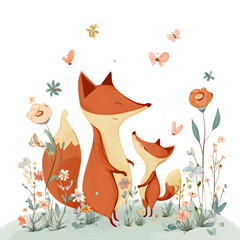 Cartoon-style mom and child fox playing in a meadow, flowers and butterflies, joyful pastel scene, transparent background