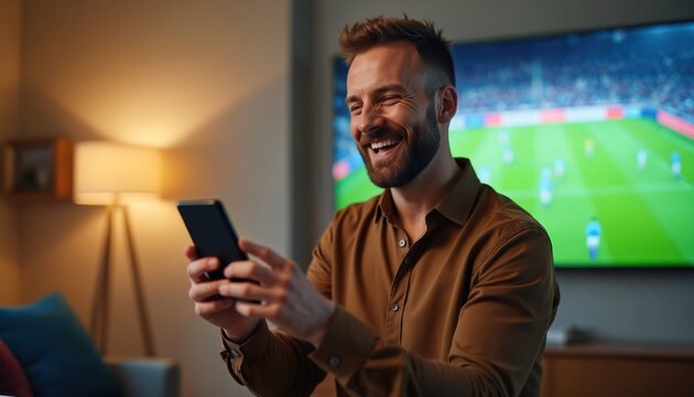 Happy man celebrates winning online bet. Watching football match on TV, holding smartphone. Celebrating successful gamble, betting in casino, winning award. Guy smiles, shows positive emotion.
