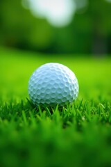 Fototapeta premium Golf ball resting on lush green grass, close-up, sport, golf ball, nature