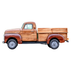 Classic Vintage Pickup Truck with Wooden Bed and Timeless Design in Side View Perspective, isolated on transparent background.