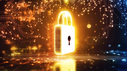 Digital padlock icon symbolizes data security and connectivity in modern technology landscape, padlock icon with connections over digital data processing on dark background - Powered by Adobe
