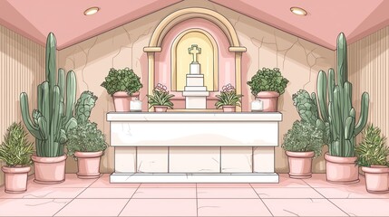 Serene desert chapel interior; altar, cacti, plants. Pink walls and tile floor. Tranquil atmosphere