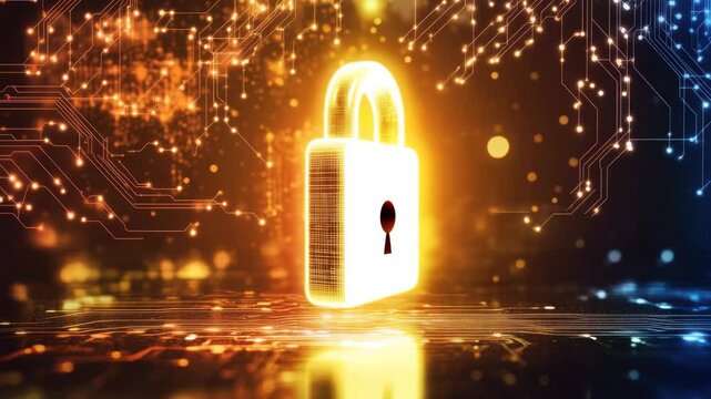 Digital padlock icon symbolizes data security and connectivity in modern technology landscape, padlock icon with connections over digital data processing on dark background - Powered by Adobe