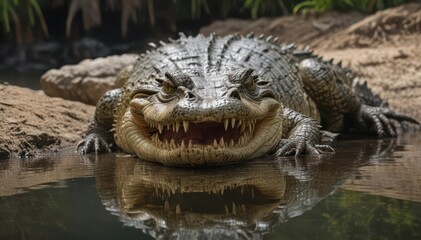 Obraz premium Lazy crocodile, water's edge, open mouth, teeth visible, reflections, murky water, basking, hot day, open, crocodile, water