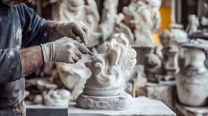 Detailed close-up view of stone carver at work.