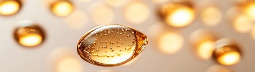 Golden Serum Droplet with Bubbles on Beige Bokeh Background,Skincare,Beauty