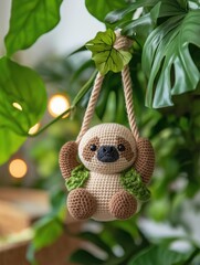Small crocheted sloth hanging from a rope. the sloth is light brown in color and has a round face with black eyes and a small nose. it is wearing a green scarf around its neck.