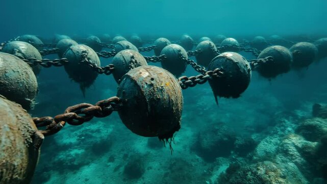 Closeup view of multiple underwater sea mines at the ocean floor in a quiet marine environment, A close-up view of multiple underwater sea mines with their grounding chains