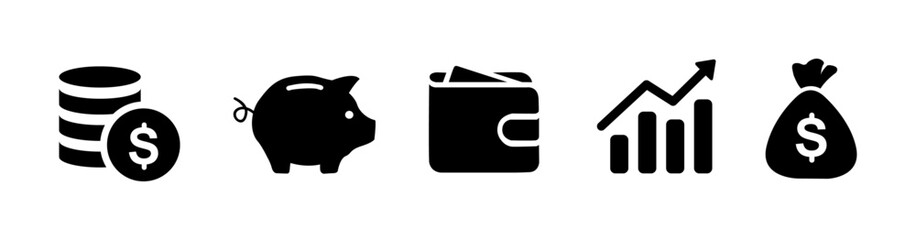 Finance icons. Business Icons, money signs. Money silhouette collection. Wallet with cards icon. Coins silhouette icon. Growth chart. Moneybag or stash. Piggy bank flat style - stock vector