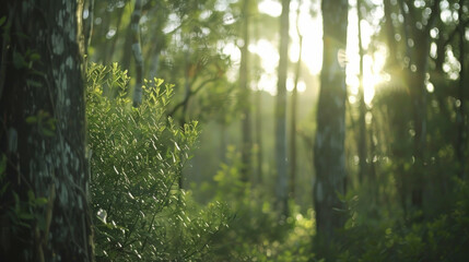 Sunlit forest tranquility lush greenery peaceful nature scene