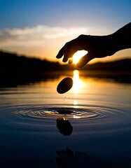 Close-up of small skipping stone caught mid-air above still water surface, motion blur and shallow depth of field, golden hour light, no people
