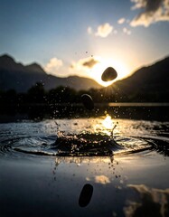Close-up of small skipping stone caught mid-air above still water surface, motion blur and shallow depth of field, golden hour light, no people