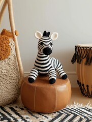 Stuffed zebra toy sitting on top of a round brown leather ottoman. the zebra is made of black and white striped fabric and has two white ears and a black nose.