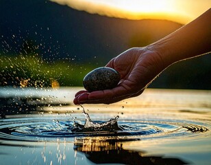 Close-up of small skipping stone caught mid-air above still water surface, motion blur and shallow depth of field, golden hour light, no people