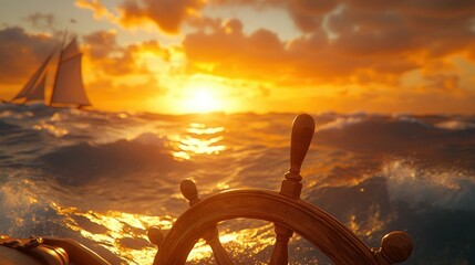 Golden sunset over churning waves, ship's helm in focus