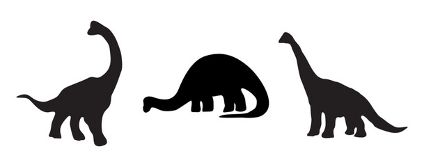 Set of dinosaur silhouettes, brontosaurus in different poses. Black outline vector illustrations idolated on transparent background