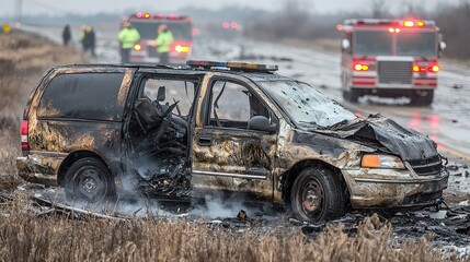Roadside vehicle fire, severe accident damage