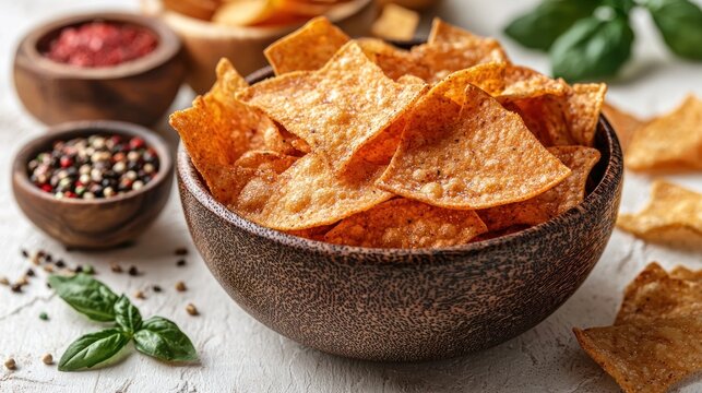 Crispy tortilla chips in a bowl, alongside various spices and fresh basil.  A delicious snack