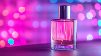 Modern Perfume Bottle on Neon Bokeh Background, Fragrance, Beauty