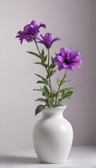 A pristine white vase holds a single vibrant purple flower , image, studio, white vase