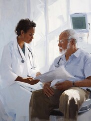 Painting of a doctor and an elderly man sitting in a hospital room.