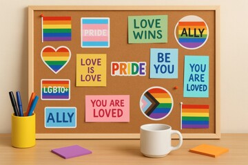 Poster encadré Inclusive Office Pride Pinboard with LGBTQ+ Flags, Ally Messages, Motivational Quotes, and Stationery - Diversity and Equality Workplace Decor - 4K Stock Photo