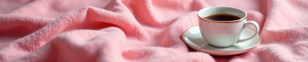 Fototapeta premium A small ceramic coffee cup rests on a soft pink floral throw , cup, pastel