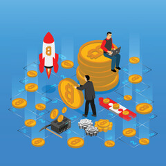 Isometric cryptocurrency concept with bitcoins and people do mining 3d vector illustration