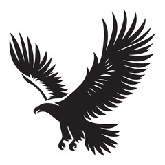 Obraz premium Black silhouette vector illustration of a flying eagle, a majestic bird with powerful wings in flight, a symbol of nature and wildlife, possibly a tattoo design