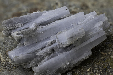 Macro shot of natural cyanite mineral showing parallel, elongated crystals with a distinctive fibrous structure and pale blue-gray color, perfect for geology, science, or educational media purposes