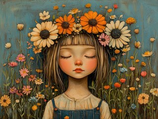 Serene girl with closed eyes, adorned with a flower crown amidst a vibrant wildflower meadow