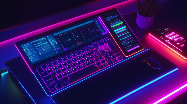 Futuristic gaming keyboard and mouse with neon lights on desk  