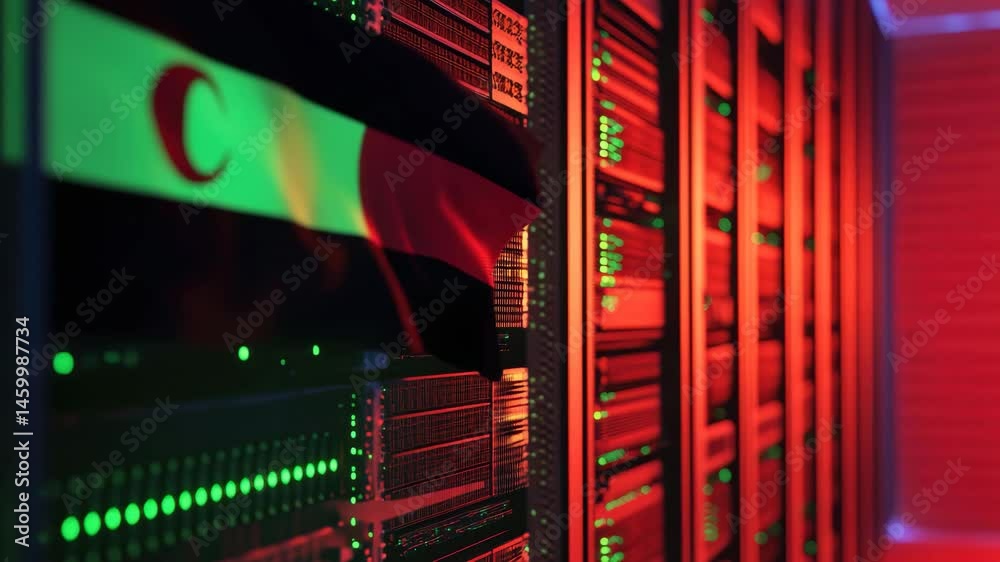 Poster digital data processing with libya flag in a high-tech server room illuminated by green and red ligh
