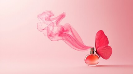 Pink Perfume Bottle with Butterfly Wing and Smoke, Fragrance , Beauty