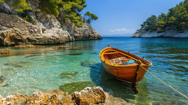 Tranquil cove wooden rowboat crystal clear water idyllic summer vacation scene