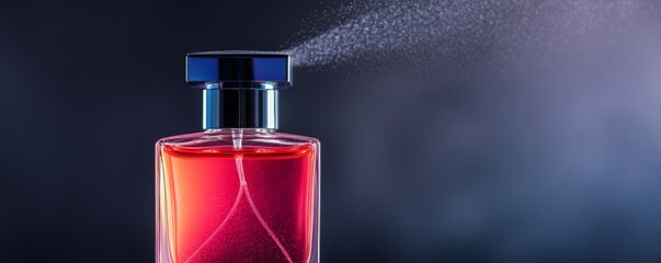 Obraz premium Red Perfume Bottle Spraying, Fragrance ,Luxury
