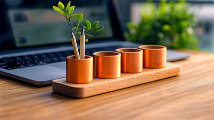 Copper and Wood Desk Organizer with Pencils and Plant