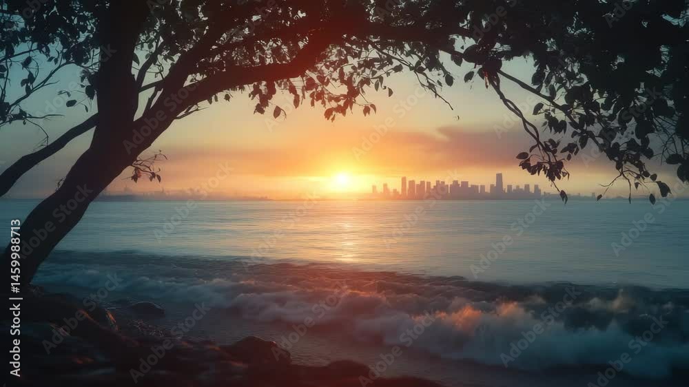 Poster Ocean sunset viewed through branches with city skyline in the distance, discovering ocean sunset moving thorugh tree branches towards skyline