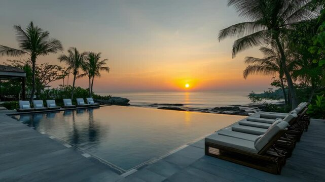 Scenic rooftop infinity pool with elegant sun loungers overlooking a modern city skyline at vibrant sunset, symbolizing luxury travel, relaxation, and exclusive urban lifestyle.