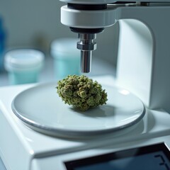Weighing Medical Marijuana. Close-up of a medical marijuana bud being weighed on a lab scale for quality control and dosage purposes.