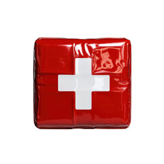 Obraz premium Red first aid kit with white cross symbol on a shiny surface, on transparent background for emergency healthcare needs