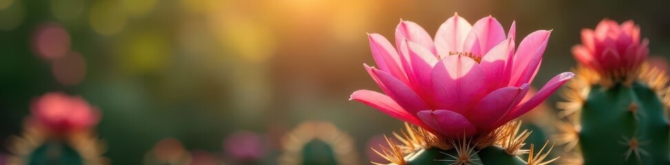 Vibrant pink cactus flower open in sun-drenched garden , pink, bloom, image