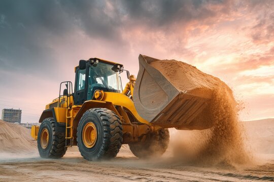 Yellow wheel loader moving sand at sunset.